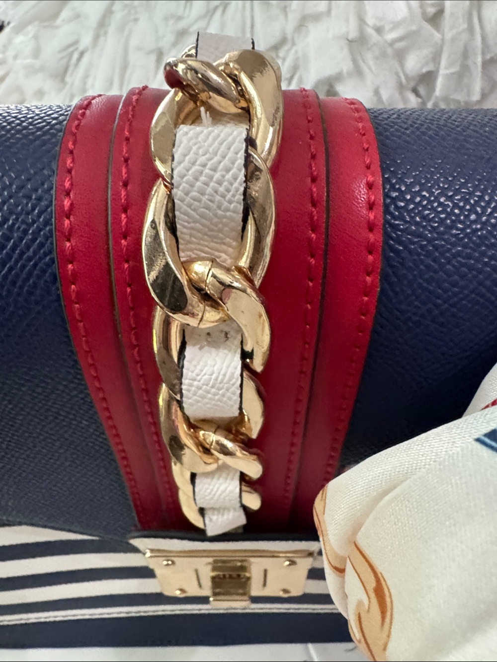 ALDO Navy and White Striped Top-Handle Satchel with Red Accent - Picture 5 of 7